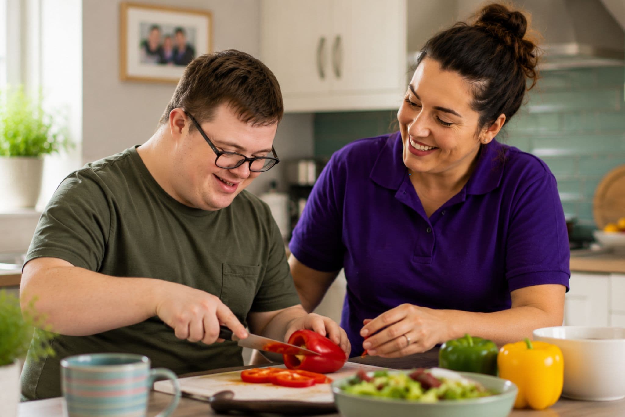 A carer supporting a young man to prepare a meal at home